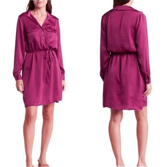 Lucky Brand Satin Feel Long Sleeve Dress Tie Waist Midi Red Burgundy Size Medium - Picture 7 of 7